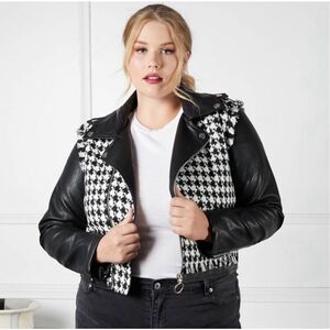 NWT/NIB Soncy Houndstooth Frayed Faux Leather Moto Jacket 12